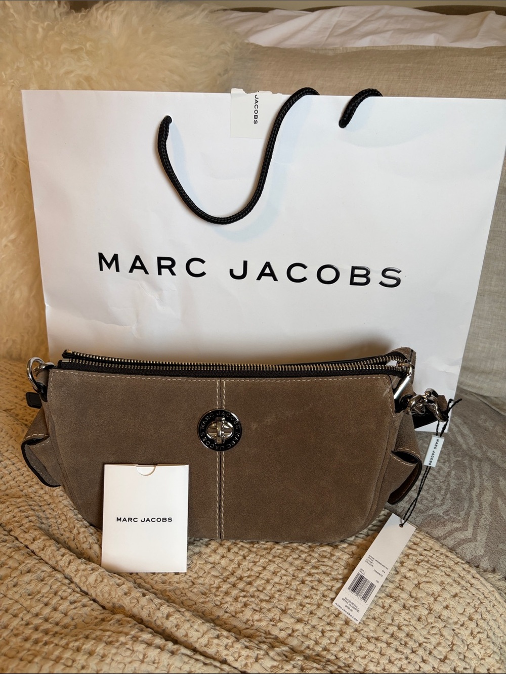 Marc Jacobs Taupe Suede Shoulder Bag with Silver Hardware